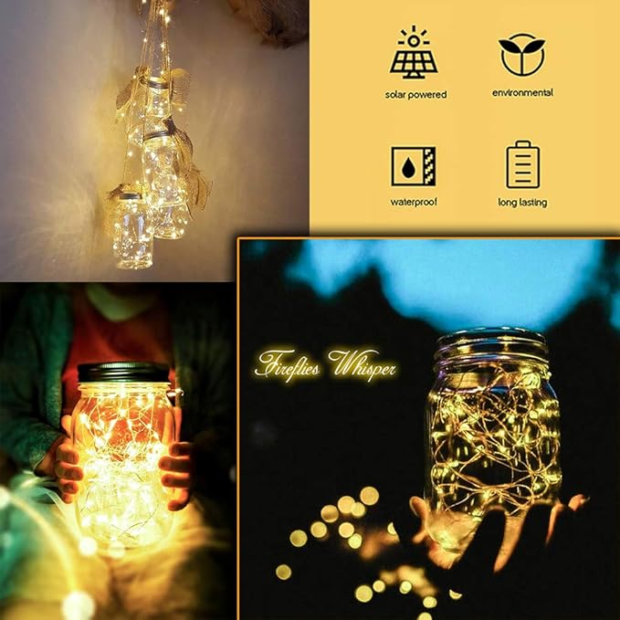 SunKite Solar Mason Jar Lights [Updated], 8 Pack 20 LED Waterproof Fairy Firefly Jar Lids String Lights with | Lumora