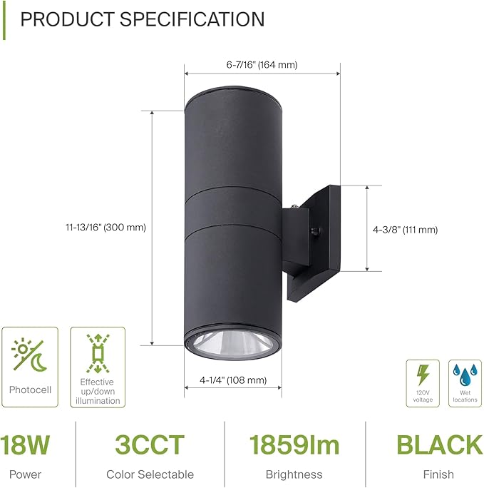ASD 2 Light Dusk to Dawn LED Outdoor Wall Light Fixture | 18W 1900LM 3000K-5000K 120V Cylinder Up Down Lights | | Lumora