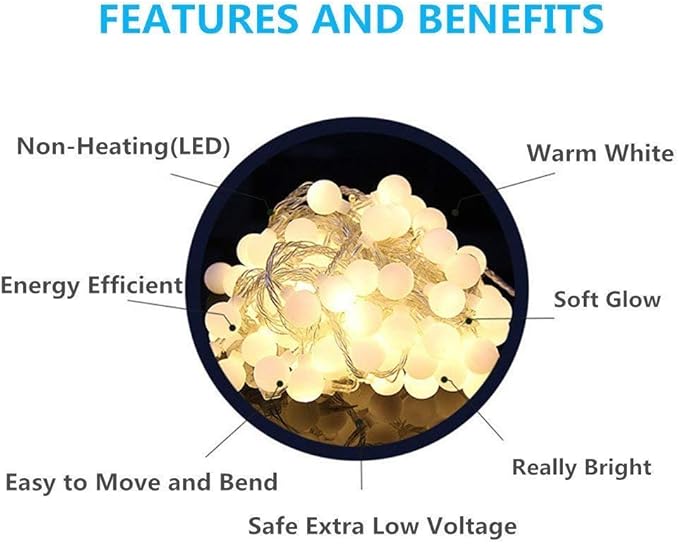 49.2ft Globe String Lights with 16ft Extended Lead & Stable Remote - 100 LED Warm White, 8 Distinct Modes, IP44 Waterproof, UL Certified, Linkable for Indoor Outdoor Wedding Party Decor