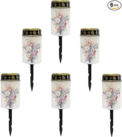 Cemetery Solar Lights for Grave,Cross Floral Pink Garden Solar Lights Waterproof Solar Powered Stake Lights Pathway Lights Outdoor Flameless Warm White Lantern Yard Spotlights LED Lantern