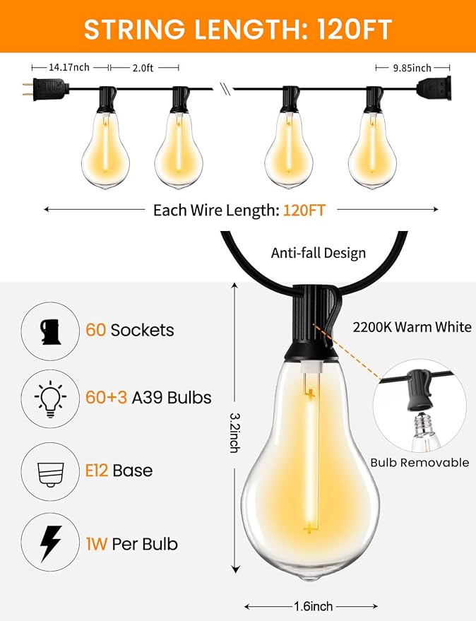 String Lights for Outside 120ft Waterproof with 60+3pcs A39 Shatterproof Edison Bulbs Outdoor String Lights for Patio, Yard, Cafe, Bistro, Market, Warm White 2200k