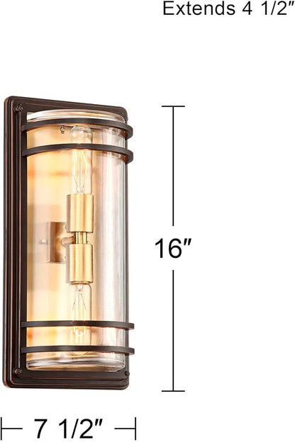 John Timberland Habitat Modern Industrial Outdoor Wall Light Fixture Bronze Warm Brass Steel 16" Clear Glass for Exterior House Porch Patio Outside Deck Garage Yard Front Door Garden Home