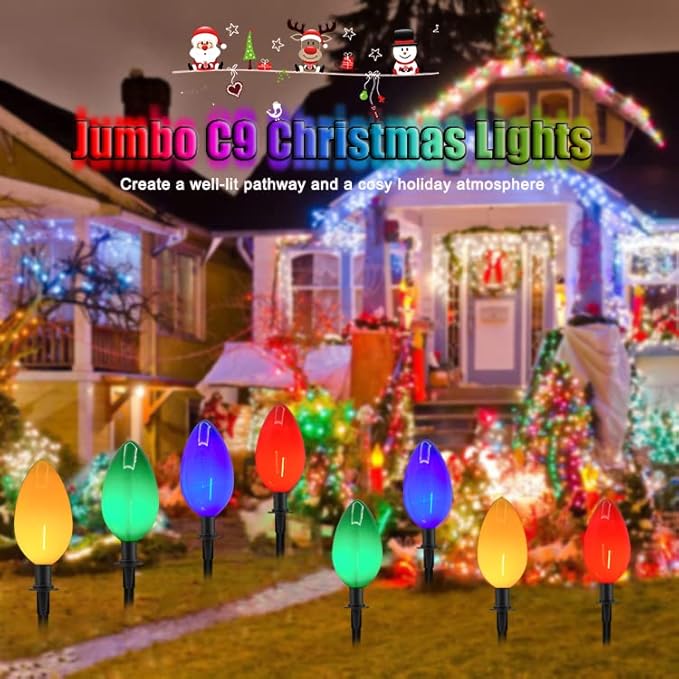 C9 Christmas Path Marker Light Outdoor, 7 Feet LED Christmas Pathway Lights with 4 LED Multicolor Lights and 4 Stakes Waterproof Lawn Walkway Lane Marker Decoration