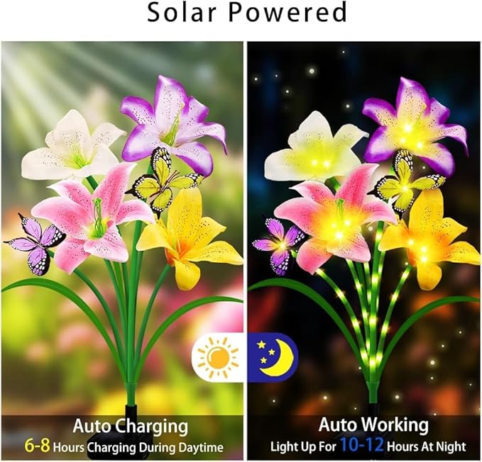 4 Pack Solar Garden Lights LED Solar Lilies Flower Lights, Yard Patio Pathway Decoration High Flexibility Copper Wire Handmade Silk Artificial Flowers Never Wither, Gift for Family, Friends