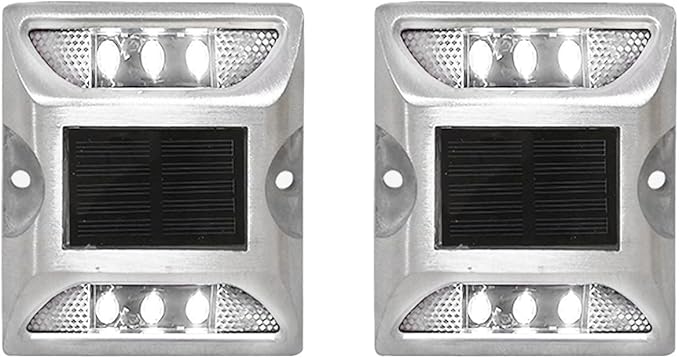 2PCS Solar Warning Step Lights, 6 LED Wireless Power Ground Marker Lights Outdoor Driveway Road Markers for Sidewalk Pathway (White)