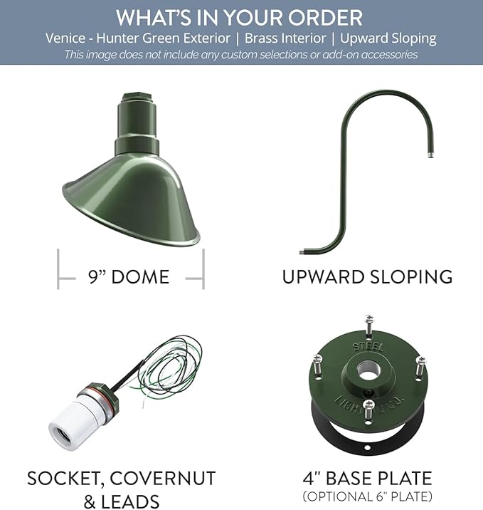 Steel Lighting Co. Venice Store Sign Light | for Outdoor Restaurant Accent Wall | 9 inch Dome | Upward Sloping Gooseneck | Made in America | Hunter Green Exterior/Brass Interior