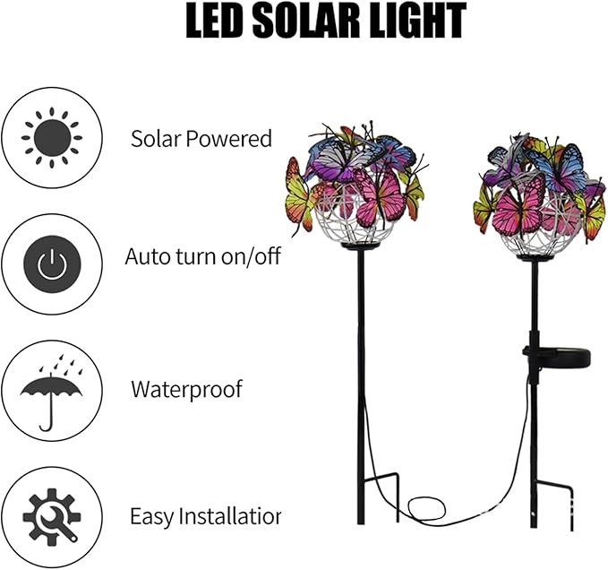 2Pcs Solar Outdoor Abs Metal Gradient Butterfly Shaped Led Solar Pathway Lights Auto Sensor Landscape Lighting for Lawn Walkway Yard