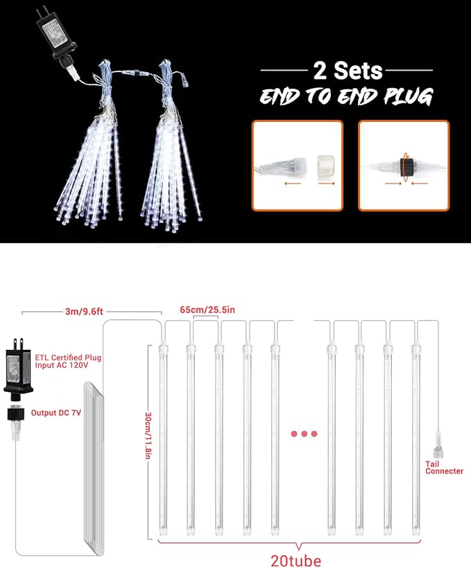 Flacchi Cool White 20 Tubes Meteor Shower Icicle Lights 480 LED Raindrop Lights with Timer - Outdoor String Light | Lumora