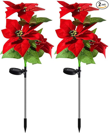 MSUIINT 2 Pcs Christmas Decorations Outdoor Solar Lights, Artificial Red Poinsettia Flower Decorations Solar Stake, Waterproof Solar Pathway Lights for Xmas Garden Yard Patio Lawn Decor