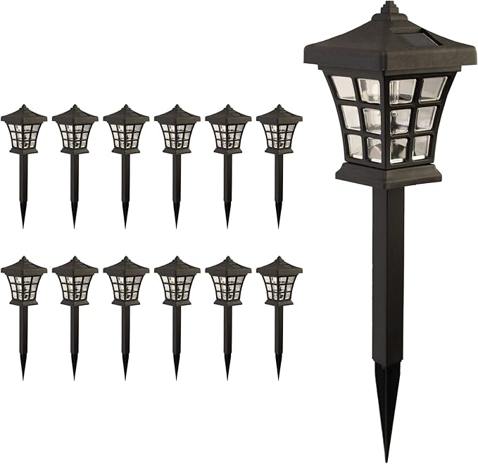 Crosslight Solar Powered Pathway Lights (12 Pack) - Pagoda Outdoor LED Lights, Waterproof for Garden, Yard, Patio, Lawn, Walkway - Decorative Ground Stake Lighting | Warm White