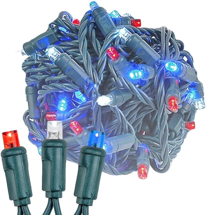 Novelty Lights 50ft 100 LED Red/Pure White/Blue Christmas Lights Outdoor/Indoor, 6" Spacing, Green Wire String Lights for Festive Xmas Lighting, IP55, UL Listed, Dimmable, Connectable