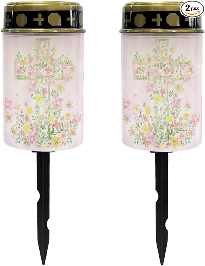 Poceacles Cross Solar Lights Grave Solar Lamp Solar Powered Stake Lights for Grave Site Outdoor Solar Garden Lights Waterproof Grave Lantern for Cemetery Decor, Pink Yellow Floral Cross, Pack of 2