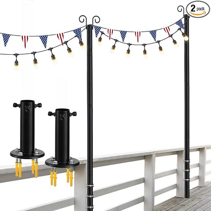 2-Pack Adjustable String Light Poles, 12.6 FT Light Poles for Outside Patio Heavy Duty, Outdoor Deck Lighting Poles with Brackets Bases for Fence Concrete Mount, Metal Stand Hanging Garden Party Decor
