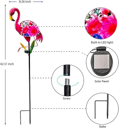 Solar Flamingo Garden Decor - Solar Pathway Lights & Stakes, Glass & Metal, Waterproof for Patio, Lawn, Courtyard