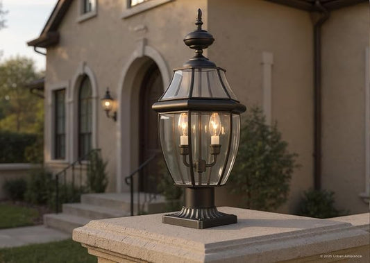 Urban Ambiance Luxury Colonial Outdoor Post Light, Large Size: 21" H x 11" W, with Tudor Style Elements, Versatile Design, High-End Black Silk Finish and Beveled Glass, UQL1148