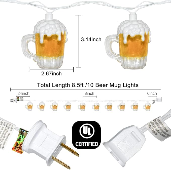 Beer Mug String Lights, 8.5Ft Tropical Beach Theme Outdoor Decorations Beer String Lights with 10 3D Beer Cup Lights, Plug in Beer Fairy Summer Patio Lights for Tropical Party Bar Bedroom Decor