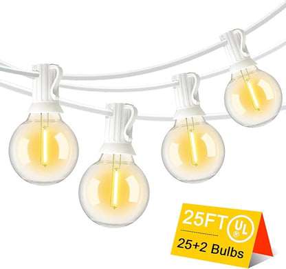G40 LED Globe Outdoor String Lights 25FT, Waterproof & Shatterproof with 25 Clear Plastic Bulbs (2 Spare), for Cafe Bistro Porch Garden Balcony Party Decor (Warm White-White, 25FT)
