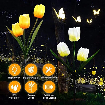 2 Pack Solar Garden Stake Lights, Outdoor Solar Tulip Flower Lights with 6 Rose Flowers, LED Rose Solar Powered Lights for Patio, Lawn, Garden, Yard Decoration