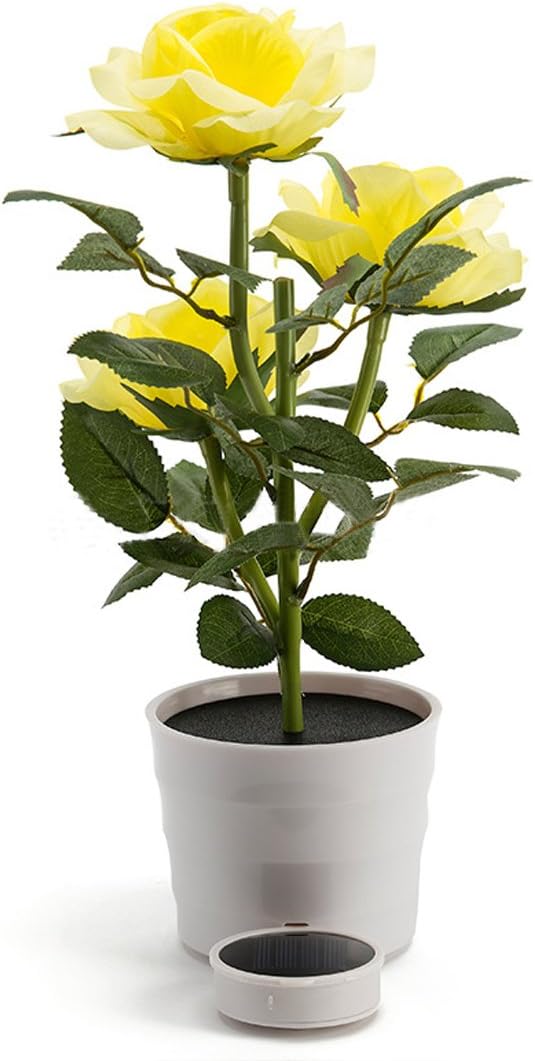 LED Solar Power Decorative Artificial Rose Flower Pot Plant Landscape Light Night Lamp Outdoor Garden Yard Pathway Lawn Grassland Yellow