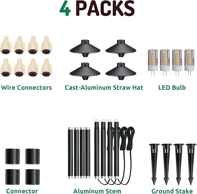 Lumina Lighting® Low Voltage Landscape Lighting Cast-Aluminum Path and Area Light Warm White 3W G4 LED Bulb and ABS Ground Stake Included for Yard Walkway Lawn PAL0106-BKLED4 (Black,4-Pack)