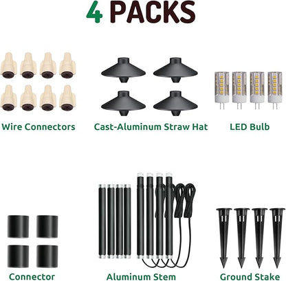 Lumina Lighting® Low Voltage Landscape Lighting Cast-Aluminum Path and Area Light Warm White 3W G4 LED Bulb and ABS Ground Stake Included for Yard Walkway Lawn PAL0106-BKLED4 (Black,4-Pack)