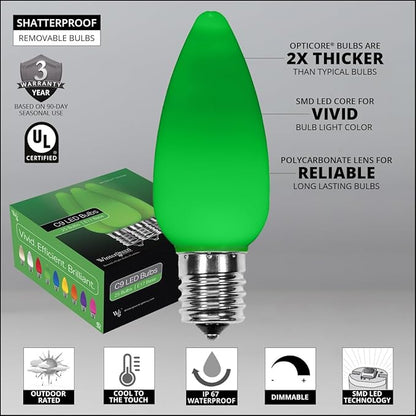 Wintergreen Lighting C9 OptiCore LED Commercial Outdoor Christmas Lights – Heavy Duty Christmas String Lights; Green Wire (50 Lights, 50 ft, Green Smooth/Opaque)