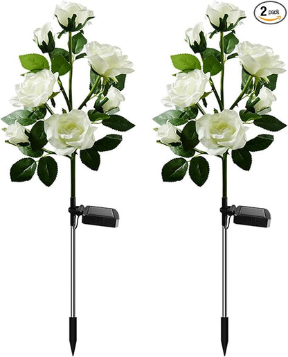2 Pack Solar Garden Lights Outdoor, Waterproof 7-Rose Flower Lights for Yard, Solar Powered Outdoor Lights, Stake Lights for Patio Pathway Lawn Fence (White, 27")