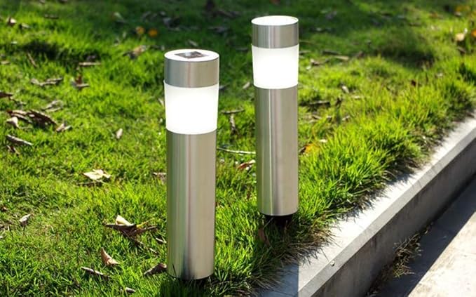 Solar Garden Lights Outdoor Solar Powered Landscape Path Light Stainless Steel Bollard Decorative Lighting Waterproof Solar Stake Light for Garden Lawn Patio Yard Path Walkway,White,4 Pack
