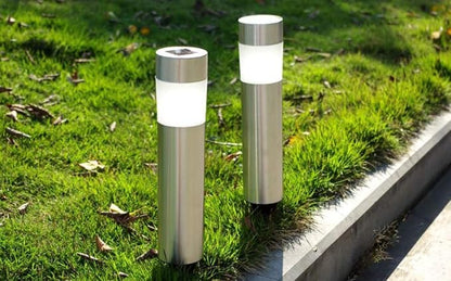 Solar Garden Lights Outdoor Solar Powered Landscape Path Light Stainless Steel Bollard Decorative Lighting Waterproof Solar Stake Light for Garden Lawn Patio Yard Path Walkway,White,4 Pack