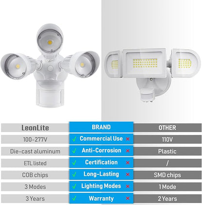 LEONLITE COB LED Security Lights Motion Sensor, Aluminum Flood Lights Outdoor, 3 Modes Motion Detector+Dusk to Dawn+Switch Control, 100-277V, Adjustable 3-Head, IP65, ETL, 5000K Daylight, White