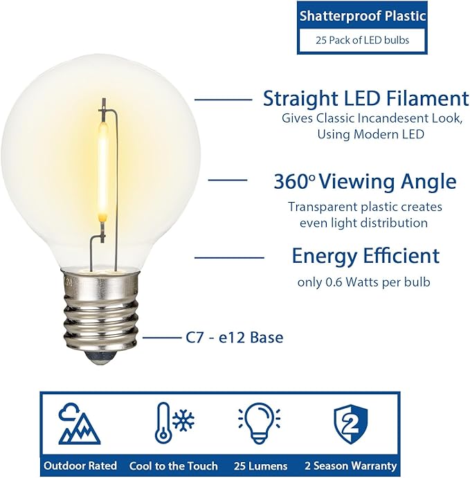 Novelty Lights 25 Feet G40 LED Patio String Light Set with 25 Bulbs, Warm White, Weather Resistant and Shatterproof Replaceable Plastic Globe Bulbs, Brown Wire
