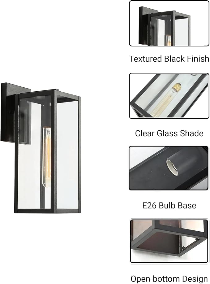 LALUZ Black Outdoor Wall Lights, Modern Farmhouse Outdoor Light Fixture Wall Mount with Clear Glass, Waterproof Rectangular Exterior Outdoor Sconce Wall Lantern Lights for House, Porch, Patio, Garage