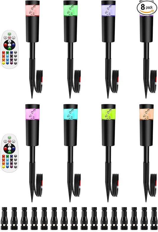 5W RGBW Low Voltage Landscape Pathway Lights with Connectors 12V Outdoor Color Changing Landscape Lighting LED Bollard Path Lights Wired Waterproof Walkway Light for Garden Yard (8Pack)