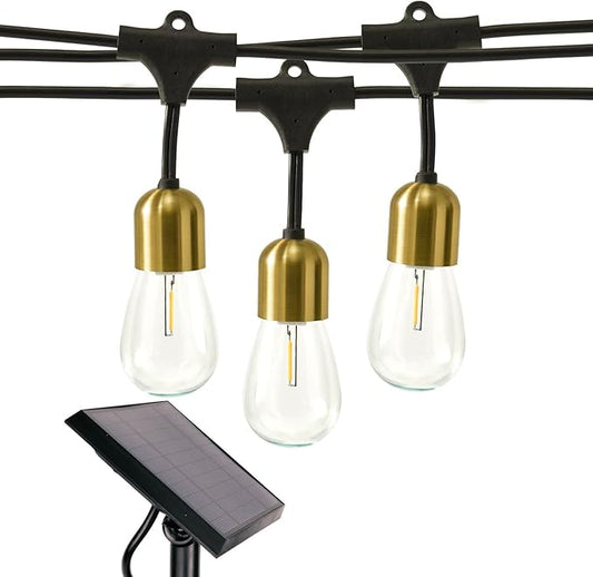 Brightech Glow Solar LED String Lights - Commercial Grade Waterproof Patio Lights with Beautiful Brass Accents - Shatterproof LED Solar Outdoor String Lights - 1W, Soft White Light - 27 Ft