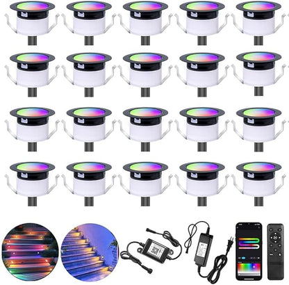 LED Deck Lights Kit Multicolor, 20Pack 1.22" Smart RGBW+IC Recessed Low Voltage Deck Light Work with Alexa/Google Home, IP67 Waterproof 12V Step Lights Outdoor for Garden Yard Path Landscape Decor