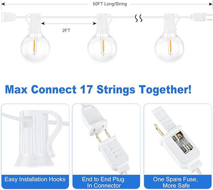 100ft Outdoor G40 LED Globe String Lights Dimmable Shatterproof Waterproof Light Strings with 52 Bulbs Connectable Commercial Hanging Lights for Patio Balcony Backyard Party (White Wire, 2-Pack)