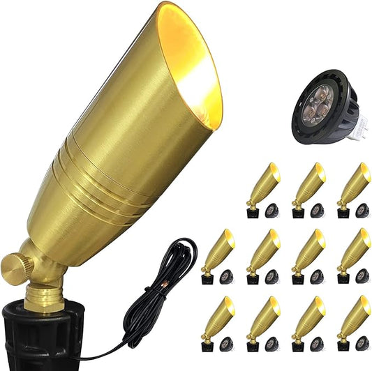 COLOER Die-cast Brass Landscape Spotlight 12-Pack with 5W Aluminum Housing LED MR16 Bulb,12V AC/DC Low Voltage Copper Outdoor Lighting, Directional Garden Patio Spot Up Light (102B Copper Finish)