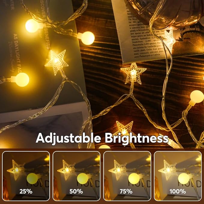 50 Stars & 50 Globes String Lights for Wedding, Party, Holiday Decor - 100 LED, 49.2ft, Remote Control, 8 Modes, IP44 Waterproof, Linkable Plug in Lights for Indoor Outdoor, Backyard, Celebration