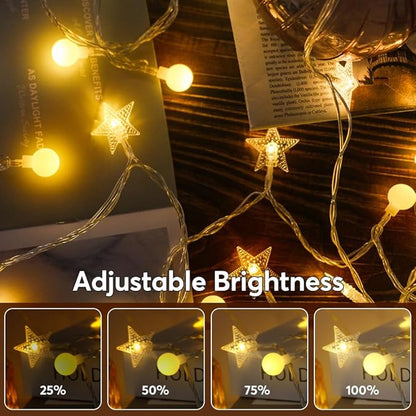 50 Stars & 50 Globes String Lights for Wedding, Party, Holiday Decor - 100 LED, 49.2ft, Remote Control, 8 Modes, IP44 Waterproof, Linkable Plug in Lights for Indoor Outdoor, Backyard, Celebration