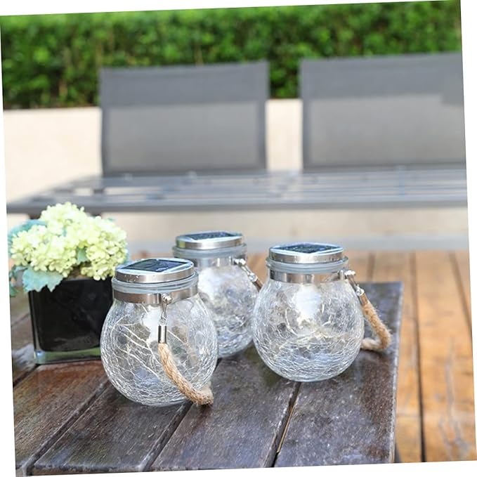 POPETPOP Solar Powered Crackle Glass Jar Lights Hanging Lamps for Outdoor Garden Lawn Patio Decor Unique Blue Light Design with Rope Handle