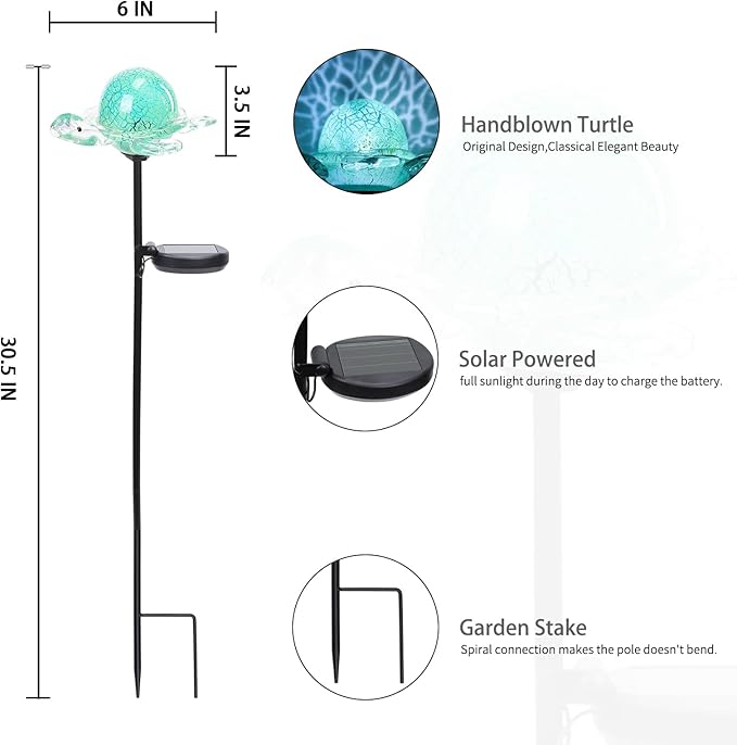 Bshine Solar Garden Decoration Outdoor Turtle Lights, Hand Blown Glass Waterproof Solar Light Stake Decorate Paths, Pathways, Lawns and Yards Art for Mom Gifts