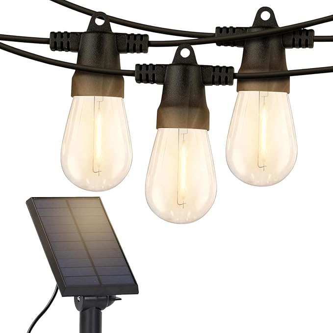 Brightech Ambience Pro Solar Powered Outdoor String Lights - Commercial Grade Patio Lights with 48 Ft Edison Bulbs - Shatterproof LED Solar Lights for - 1W LED, Warm White Light