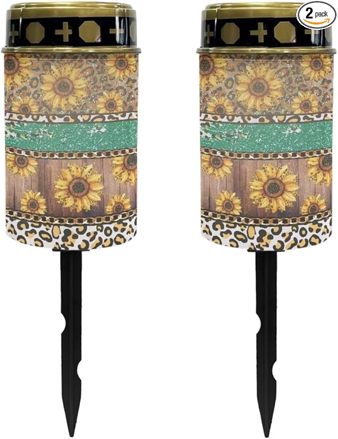 Poceacles Solar Lights Outdoor Waterproof Cemetery Lights Solar Powered Grave Solar Lantern Outdoor Waterproof Walkway Lights for Lawn Garden Pathway, Leopard Print Sunflower Shiny Green, Pack of 2