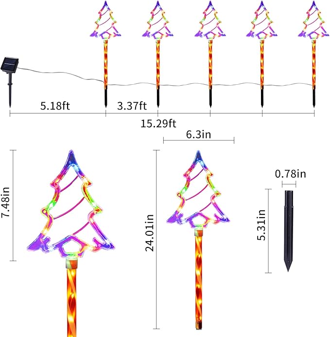 Christmas Solar Pathway Lights Outdoor Decorations， 8 Modes Xmas Tree Candy Lights Waterproof Led Garden Stake Light for Walkway Yard Lawn Porch Holiday Decor 5-Pack (Multicolor Tree, 5 Pack)