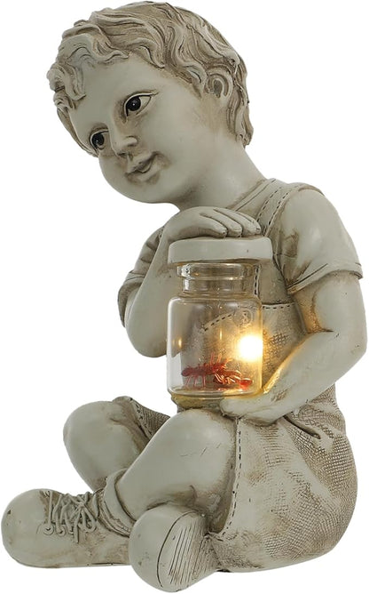 Garden Solar Powered Little Boy Figurines Statue Solar Lights Outdoor Boy Statue