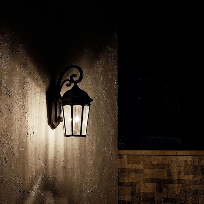 Kichler Courtyard 26.5" 3 Light Outdoor Wall Light with Clear Seeded Glass in Rubbed Bronze | Lumora