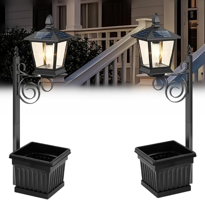 2-in-1 Outdoor Solar Lamp Post Light with Planter: Illuminate & Decorate Your Garden, 2-in-1 Solar Lamp Post with Planter, Solar Post Light with Planter, for Patio, Front/Back Door Decor (2 Set)