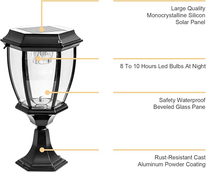 Kendal Solar Post Lights Outdoor, Waterproof Fence Solar Powered Pillar LED Light, Solar Deck Post Lights Decorations Porch Railing Patio with Clear Glass Hexagonal Base (Black)