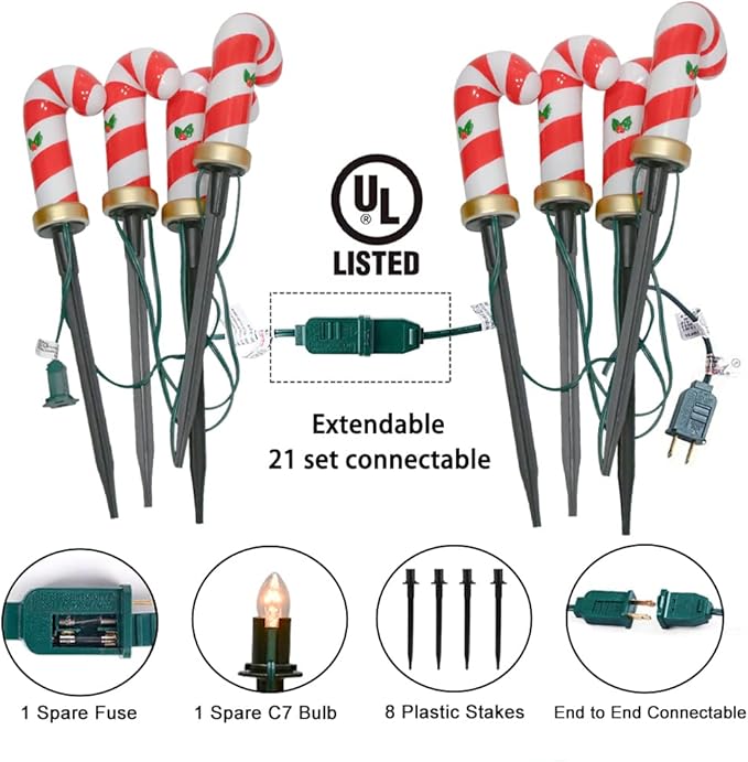 C7 Christmas Pathway String Lights, Set of 8 Christmas Candy Cane Driveway Markers with 4 C7 Clear Bulbs, Waterproof String Lights for Pathway Decor Outdoor Decoration