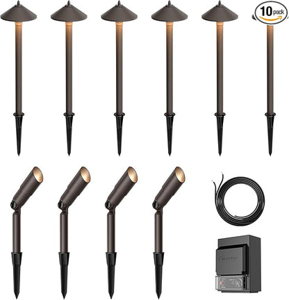 Malibu C Landscape Lighting Kit with 150W Low Voltage Outdoor Transformer & 12V Halogen 6PK 10W Bronze Pathway Lights & 4PK Metal 20W Flooding Lights/Spotlights Warm White & 75Feet #16 Wire for Patio